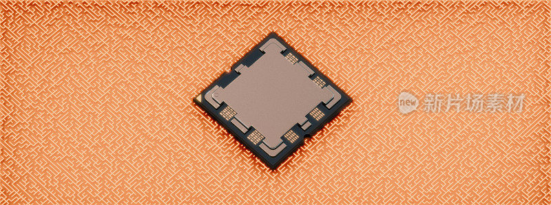 AMD Ryzen 9 AM5上迷宫般的橙色能量板电路，正射视图，3D渲染